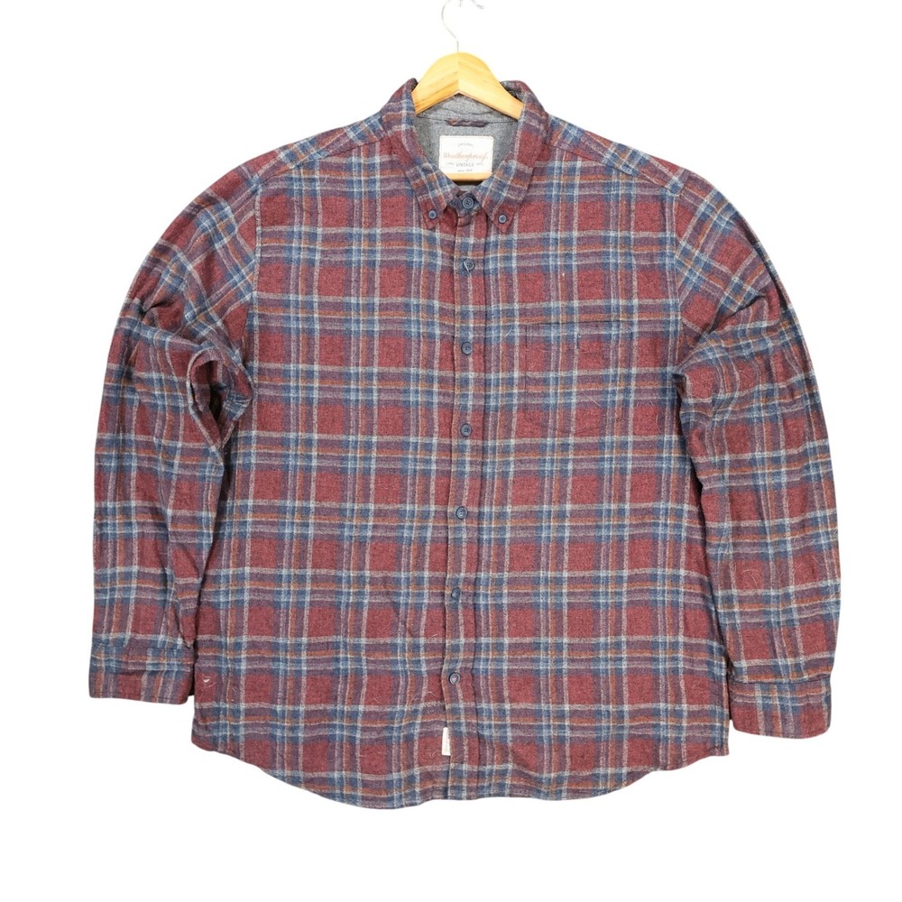 Weatherproof Vintage Button Down Mens XXL Red Blue Plaid Cotton‎ Blend Flannel
